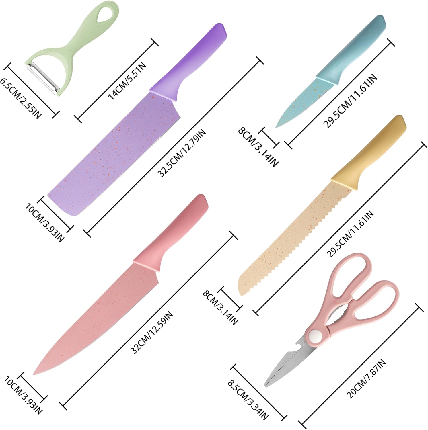 Juego de Cuchillos de Cocina Multicolor – Set de 6 Piezas con Revestimiento Antiadherente