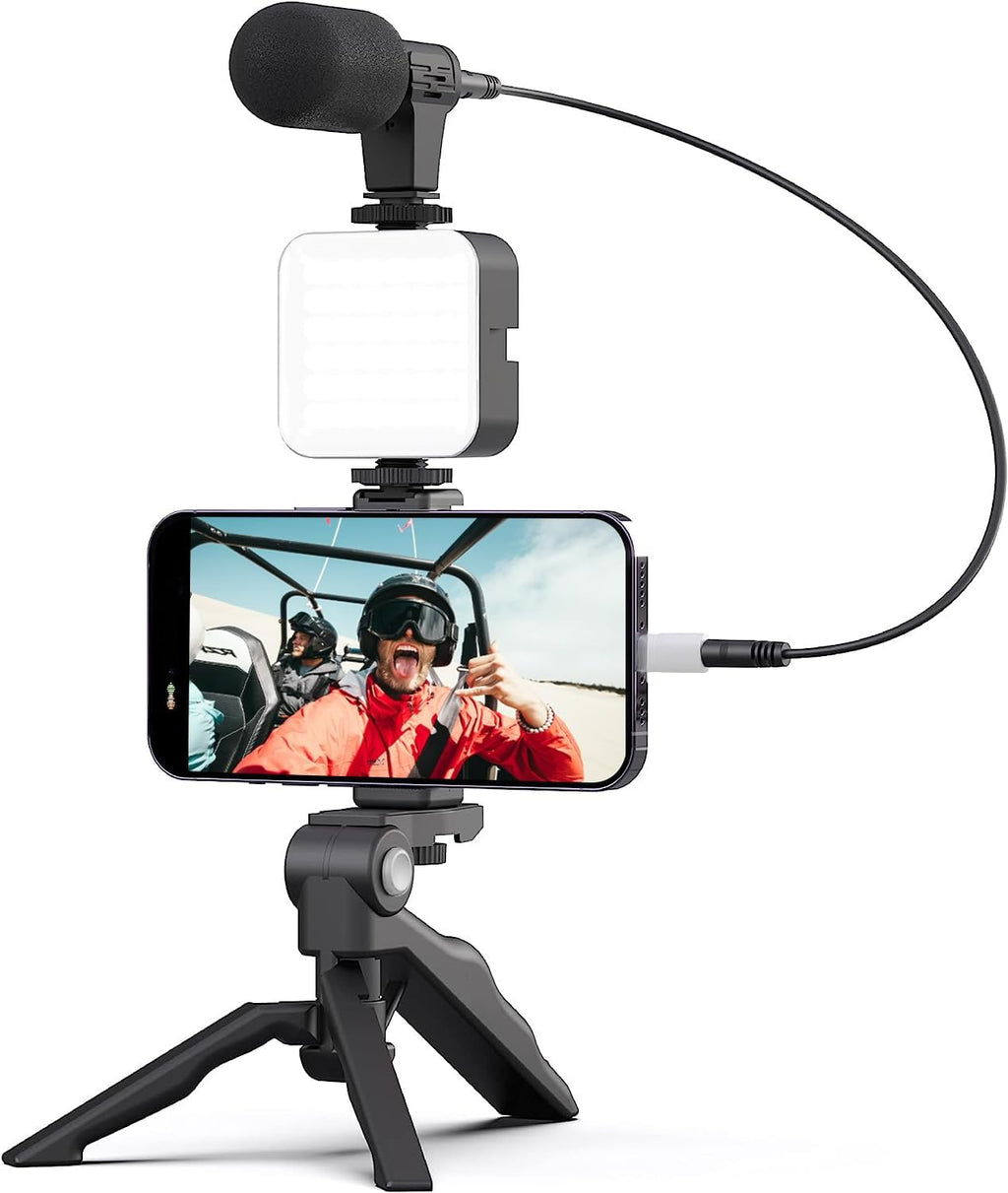 Kit de Vlogging 6 en 1 para Smartphone – Micrófono + Luz LED + Trípode