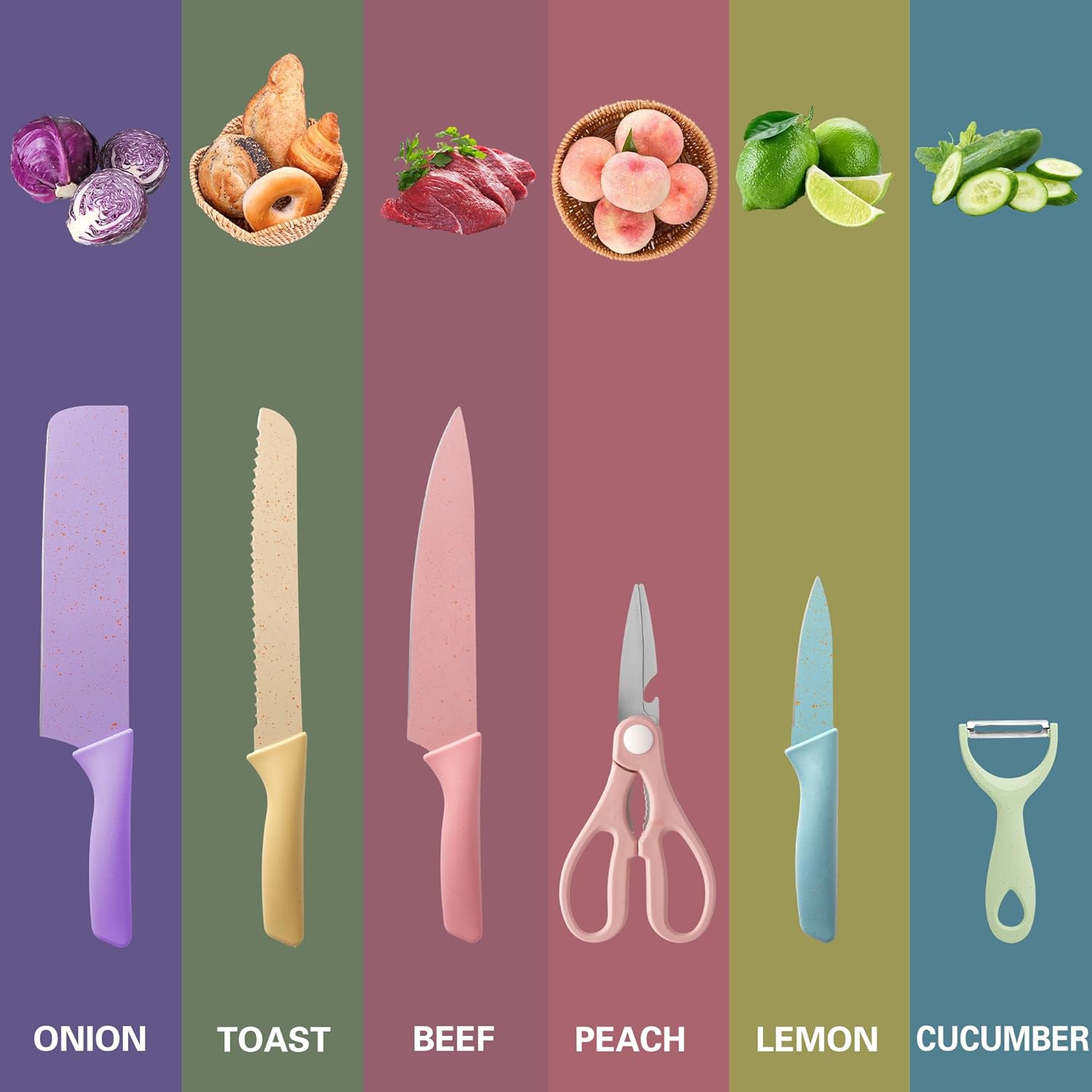 Juego de Cuchillos de Cocina Multicolor – Set de 6 Piezas con Revestimiento Antiadherente