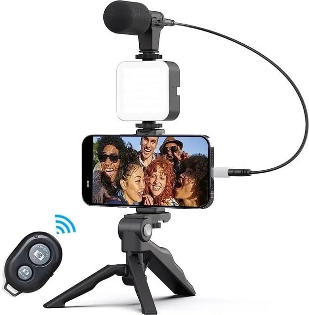 Kit de Vlogging 6 en 1 para Smartphone – Micrófono + Luz LED + Trípode